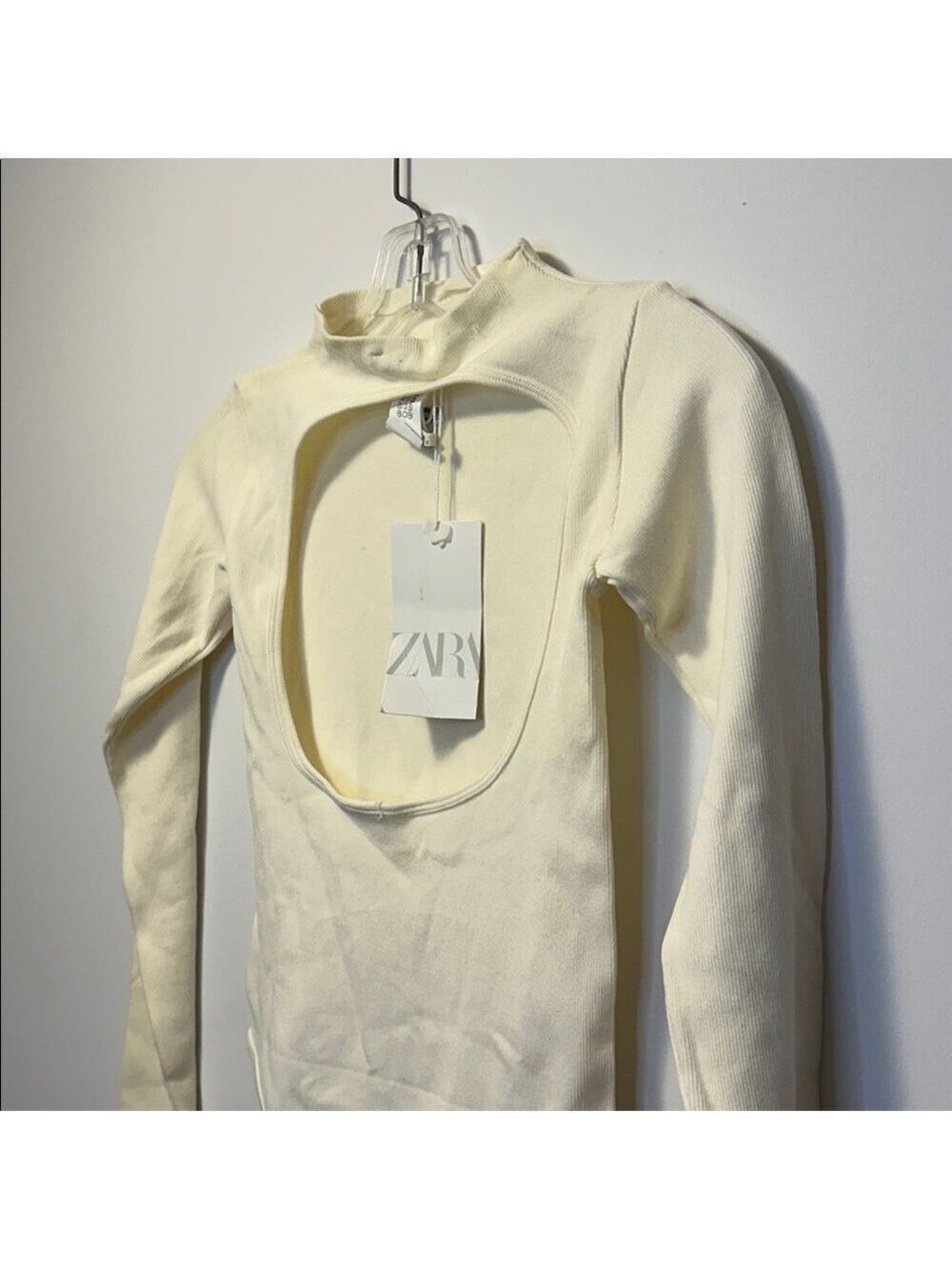 Zara Ribbed Stretchy Open Back Mock Neck Cream Long Sleeve Bodysuit Top - Picture 7 of 9